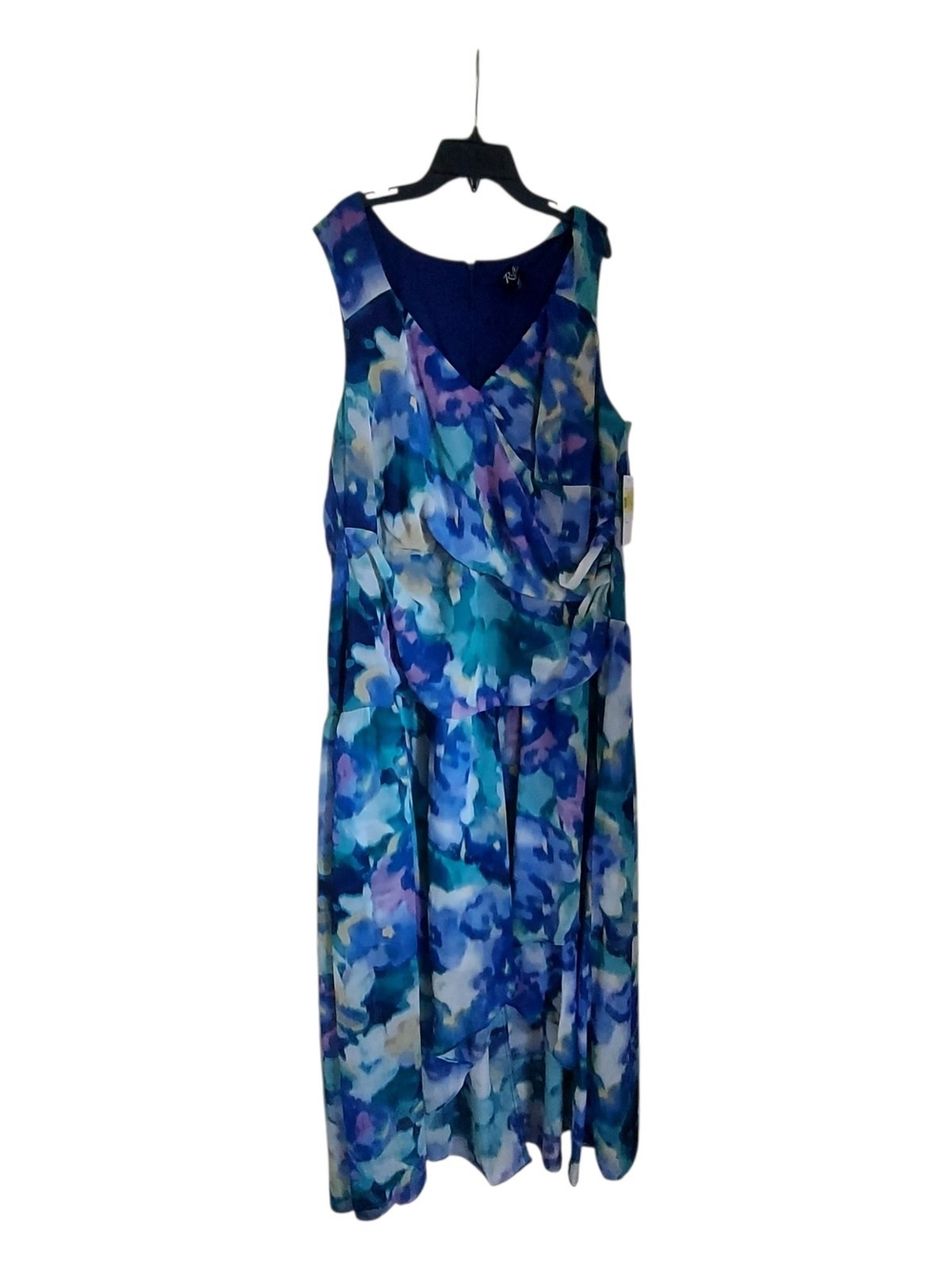 Sleeveless Blue High Low Floral V-Neck Midi Dress